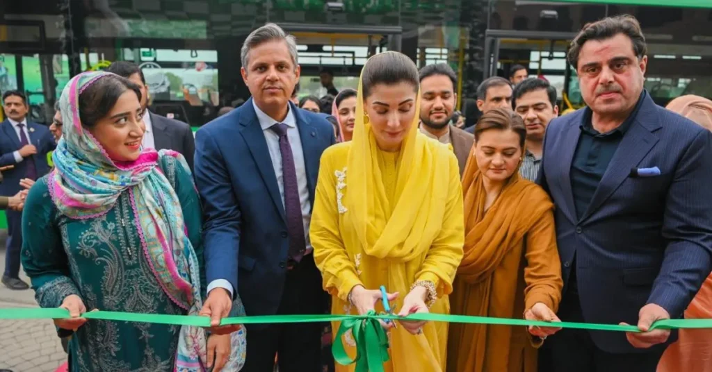 Electric bus in Pakistan, offering free student travel as part of a sustainable and affordable transport solution.